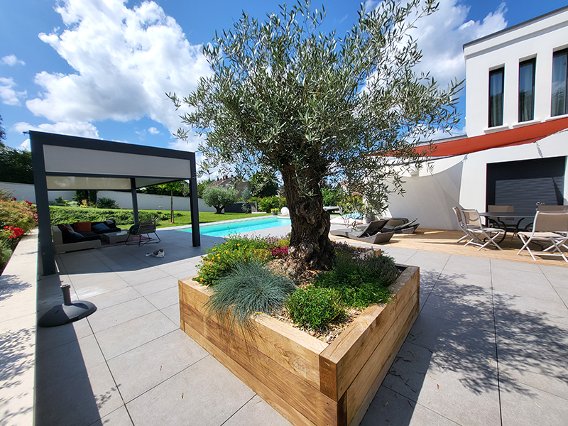 terrasse bois bac en bois et toile d'ombrage